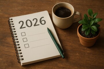 A Glimpse into 2026: A notebook with '2026' displayed with check boxes alongside a coffee cup and a potted plant on a wooden surface, capturing an essence of future planning.
