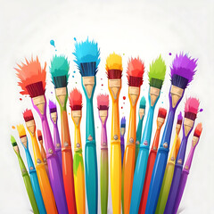 A collection of paintbrushes in various vibrant colors stands upright, highlighting the different bristles and hues that artists use for diverse creative projects.