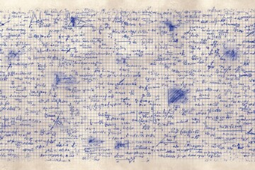 Detailed blueprint or mathematical notebook page filled with calculations and graphs, showing complex engineering or scientific work, old paper texture, grid lines.