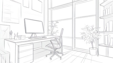 Fototapeta premium Modern office workspace sketch, large window, plants, bookshelves