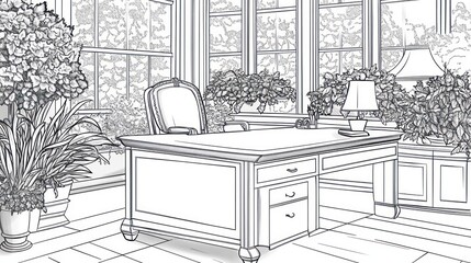 Fototapeta premium Sunlit home office, plants, desk, design