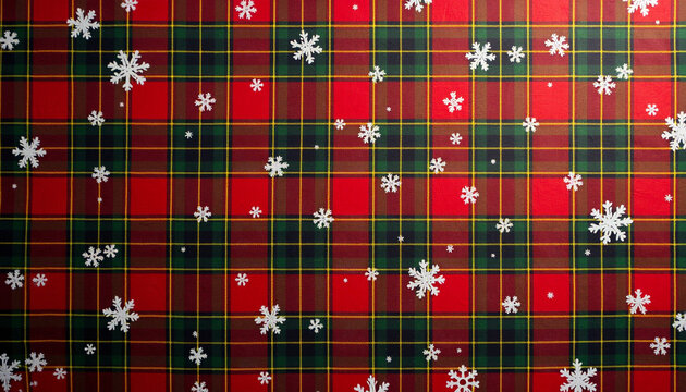 Cozy Red and Green Plaid Christmas Fabric with Snowflake Pattern