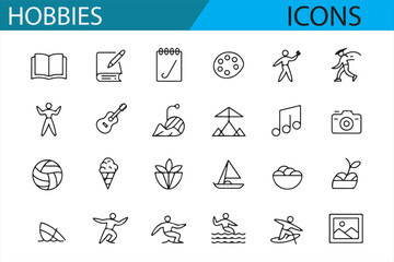Outdoor Adventure and Creative Hobby Icons in Simple Line Art