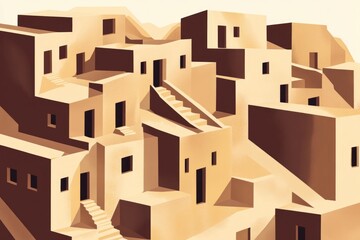 Abstract architecture with geometric shapes depicts an interconnected village with staircases and doors under warm lighting.