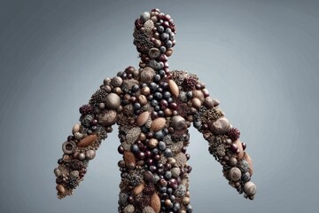A surreal and artistic representation of a human form constructed entirely from various nuts, seeds and berries in front of a soft gradient gray background.