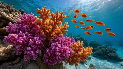 Coral reef teeming with colorful fish and coral