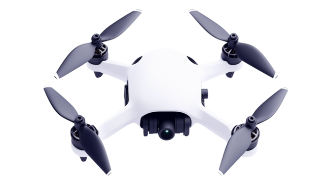 A small drone, flying in the air, small drone, floating in the air, small drone, a small drone floating in the air, a moment of a small drone flying in the sky, on a transparent backgrounds