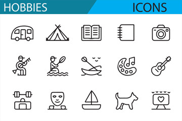 Icons Representing Popular Hobbies and Leisure Activities in Flat Design
