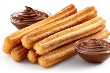 A delicious and appetizing arrangement of golden churros, generously coated with sugar, accompanied by two bowls filled with rich, creamy chocolate sauce.