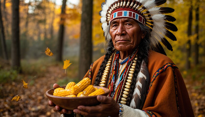 Native American man holding bowl of corn in autumn forest  