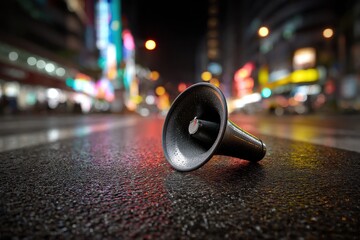 A black megaphone rests on a wet city street at night, with vibrant bokeh lights creating a blurred background that emphasizes the urgency of the message.