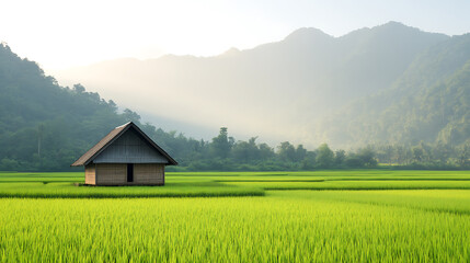 Fototapeta premium Rural tranquility: A quaint hut nestled in a vibrant green rice field, against a backdrop of misty mountains at sunrise, evoking peace and serenity.