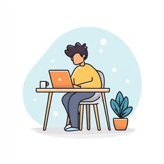 Freelancer working on laptop at cozy home office, flat icon, pastel background, subject on a solid pure white background, Dark Outlined, no shadows, no texture