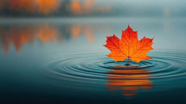 Vibrant autumn leaf resting on tranquil water ripples.