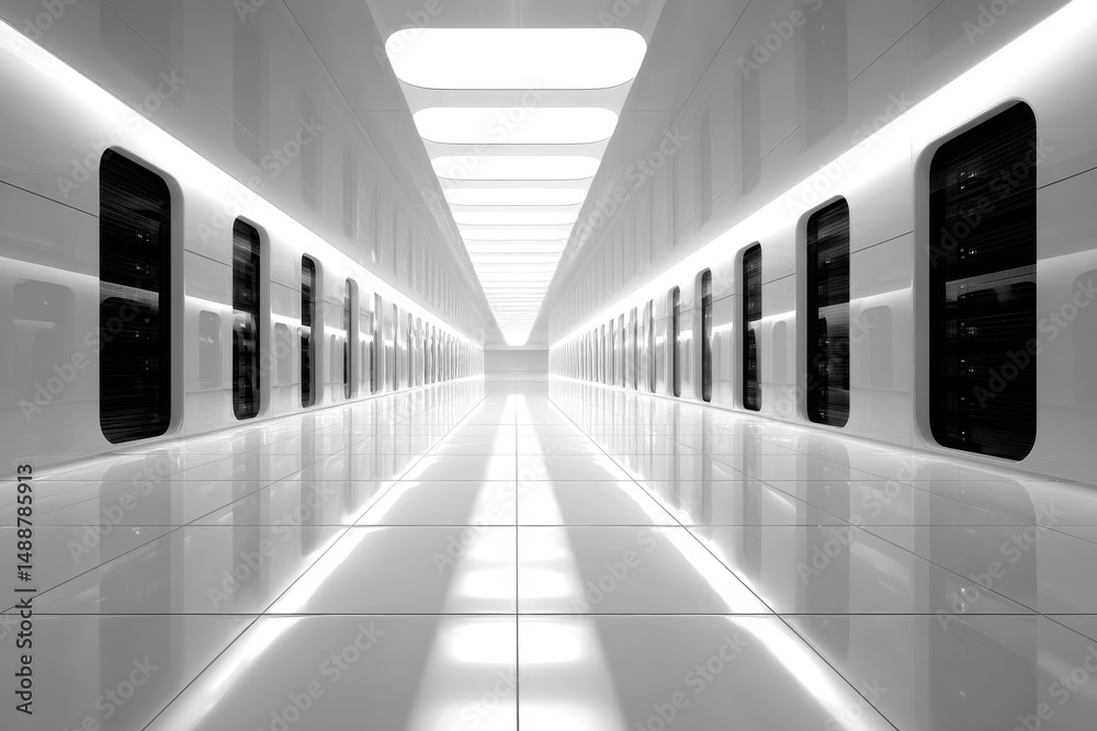 Poster a futuristic server room corridor with endless rows of server racks illuminated by bright ceiling li