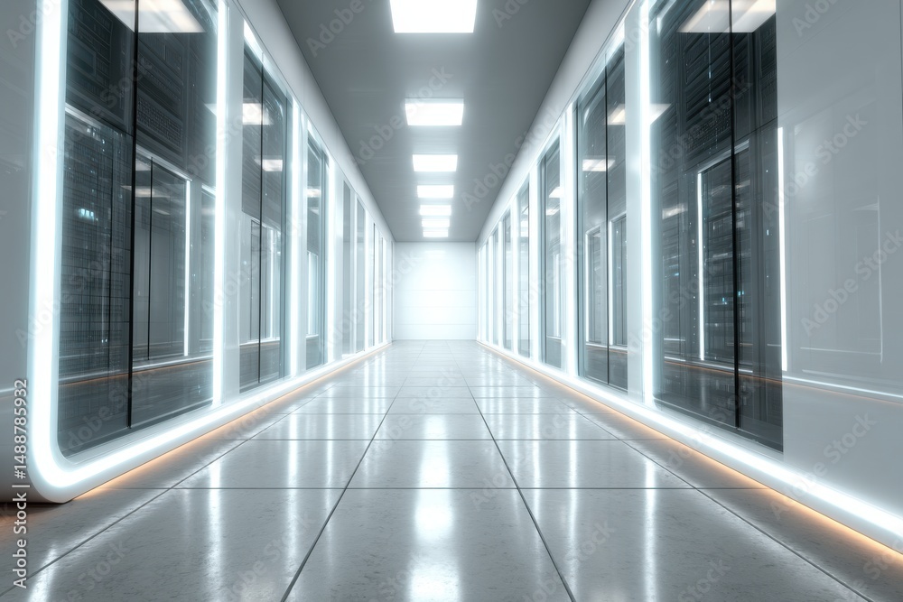 Poster futuristic server room with rows of data racks, illuminated by bright lights, creating a high-tech, 