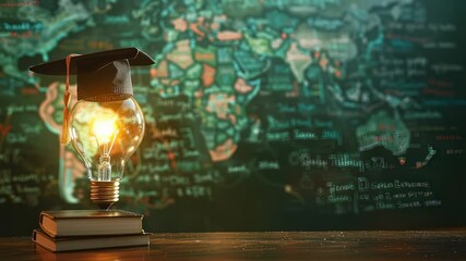 Concept of education Light bulb with graduation cap on books in front of a world map - Powered by Adobe