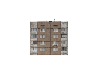 Four-storey old prefabricated apartment building with two side balconies is isolated. Old...