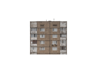 Four-storey old prefabricated apartment building with two side balconies is isolated. Old residential building with brown rough concrete facade and white plastic windows.