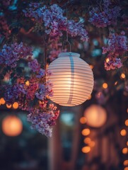 Obraz premium Softly lit paper lantern hanging among flowering branches.
