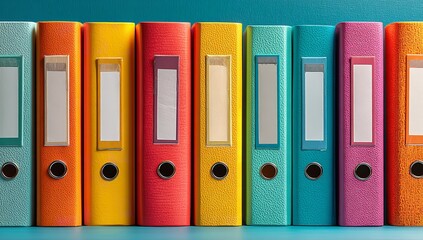 Fototapeta premium Colorful Office Files and White Hardcover Ring Binders Arranged on Blue Background