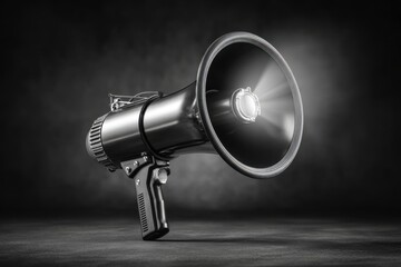 Studio shot of a vintage megaphone, set against a dark gray background surface, creating a sense of urgency and powerful communication, ready to amplify the message.