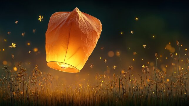 Illuminated paper lantern floating above a field of flowers at twilight.