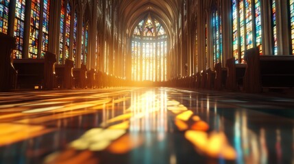 Fototapeta premium Illuminated cathedral interior gothic architecture spiritual environment serene atmosphere captivating viewpoint