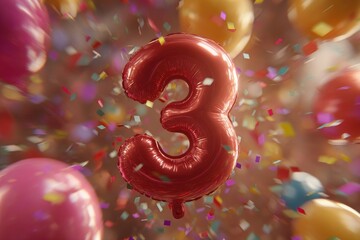 Celebrating a third birthday with a festive red number three balloon and colorful confetti creating a joyful and exciting atmosphere for a special occasion.