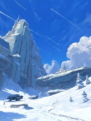 Fototapeta premium A futuristic, snowy landscape with towering structures.