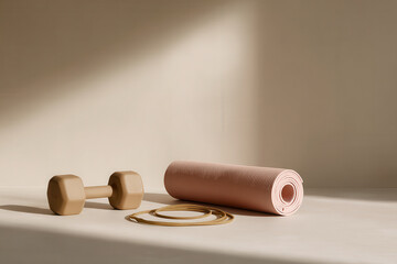 clean and minimalistic setup featuring various fitness accessories like dumbbells resistance bands and yoga mat on