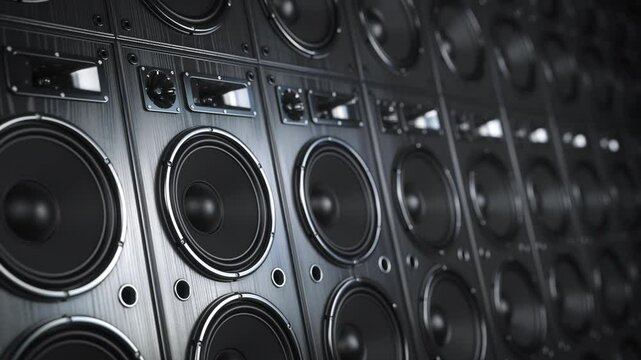 Studio subwoofer audio speakers playing loud sound. 3d animation