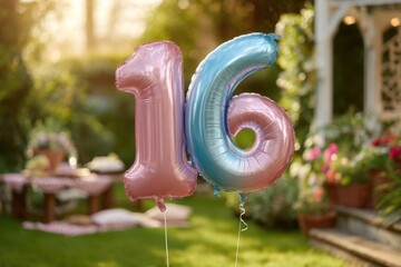 Sweet Sixteen celebration with shiny foil balloons number sixteen in a lush green garden with a picnic table and flowers in the background and soft bokeh.