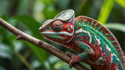 Obraz premium Colorful Chameleon Clinging to Jungle Leaves 