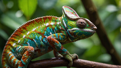 Chameleon Showing Bright Skin Patterns in Rainforest
