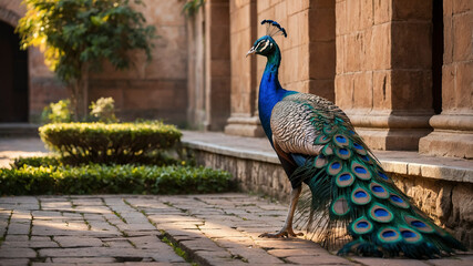 Majestic Peacock with Full Plumage in Stone Courtyard
