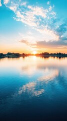 Naklejka premium Sunset reflection over serene river landscape nature photography tranquil environment scenic viewpoint