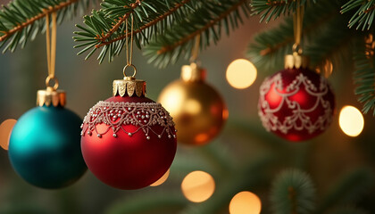 Fototapeta premium Festive Christmas Tree Ornaments with Shiny Red and Gold Baubles
