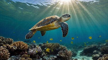 Sea Turtle Gliding Through Coral Reef Under Sunlit Ocean
