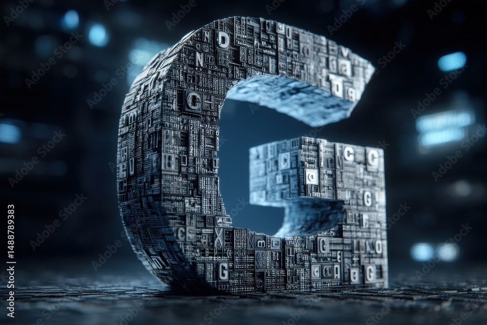 Poster an abstract letter g with complex digital circuits and multiple letters embedded, creating a futuris