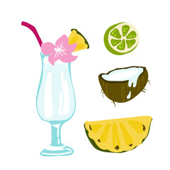 Tropical cocktails with coconut, pineapple, lime. 
