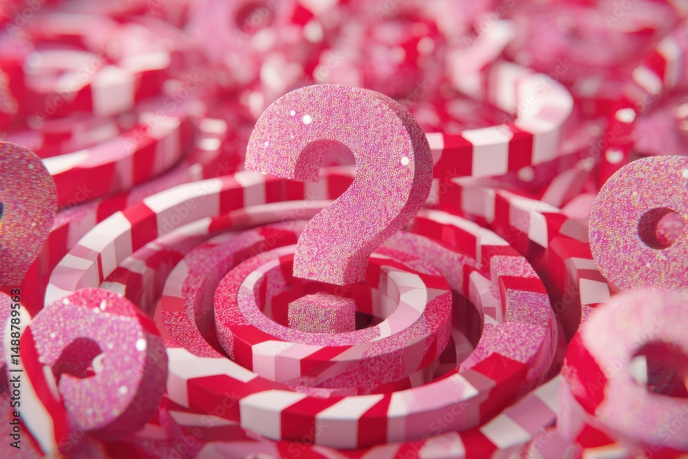 Poster a conceptual rendering showcasing a pink, glittering question mark surrounded by abstract red and wh