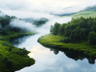 Serene river journey through misty forests tranquil landscape nature photography peaceful environment aerial view