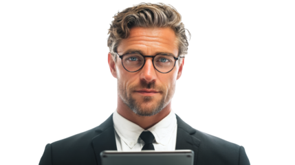 Portrait of a man with glasses and a suit holding a tablet looking at the camera with a serious look isolated on transparent background