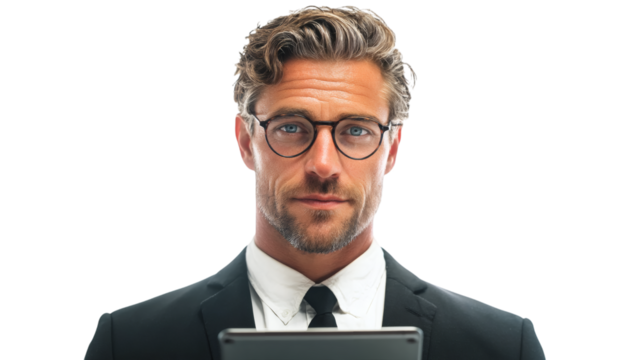 Portrait of a man with glasses and a suit holding a tablet looking at the camera with a serious look isolated on transparent background
