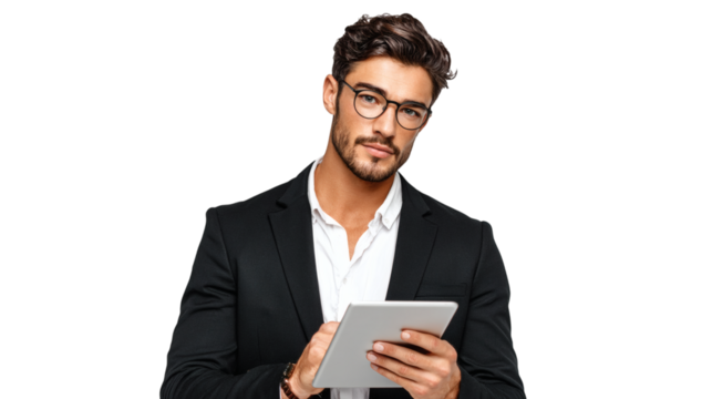 Man with glasses and suit holding a tablet looking at the viewer with a slight smile on his face isolated on transparent background