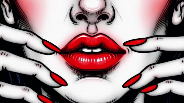 Intriguing close-up of a striking face with bold red lips and captivating expression