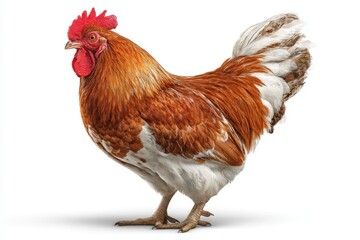 Portrait of a majestic rooster with vibrant feathers isolated against a white backdrop, displaying poultry characteristics, and standing confidently in full view.
