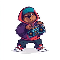 Hip hop beaver with hoodie, turntable and boombox on white background