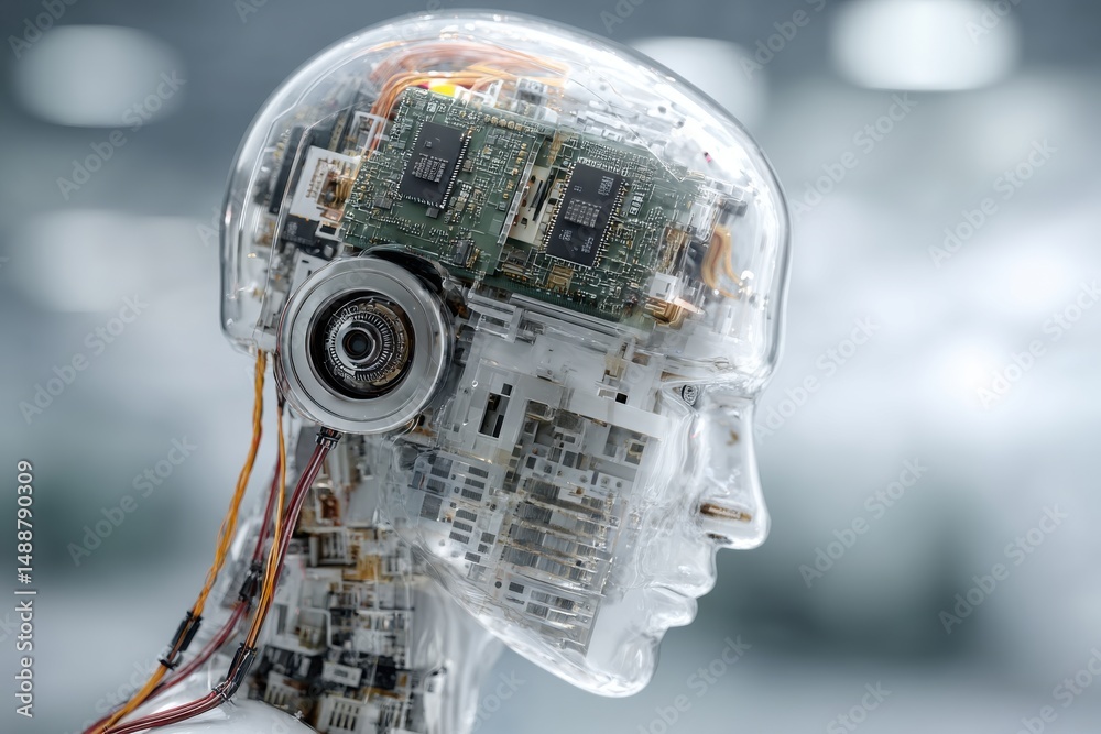 Poster a futuristic human-like robot head with visible internal components and a transparent shell, showcas
